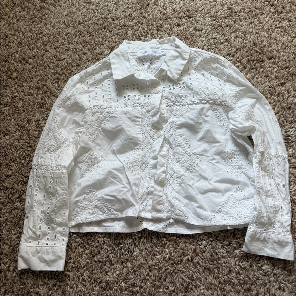 Zara White Eyelet Button-Down Crop Shirt